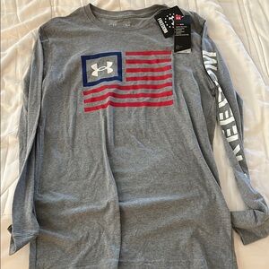 Under Armour Gray Long Sleeve with Red and Blue Flag
